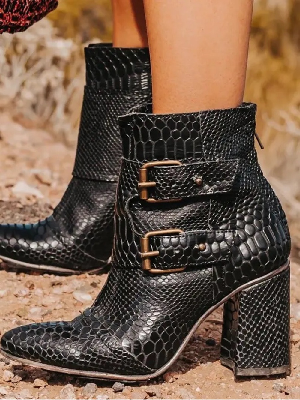 freebird Black Snake-Embossed Double Buckle Ankle Boots
